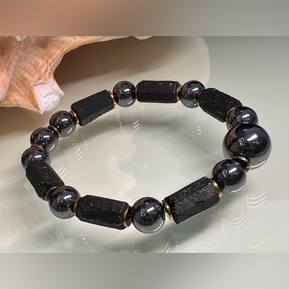 TERAHERTZ + BLACK TURMALINE + ONYX NATURAL STONES BRACELET size 8” - Picture 5 of 8